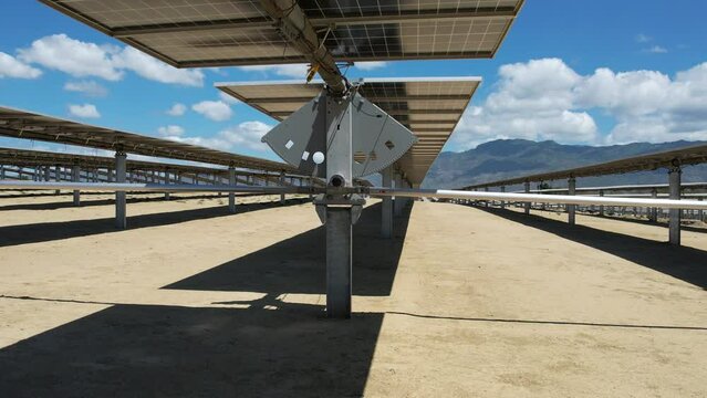 View of solar panels with bifacial technology and tracker from drone never before seen footage with gimbal extender range