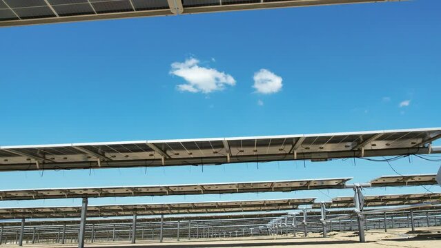 View of solar panels with bifacial technology and tracker from drone never before seen footage with gimbal extender range