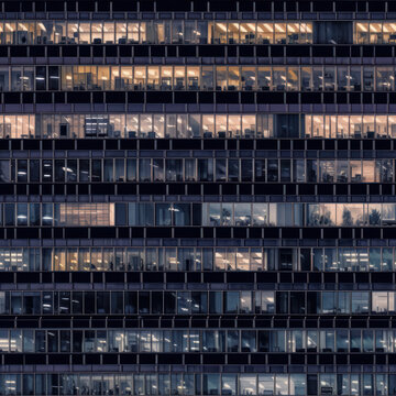 Seamless pattern texture of the facade of a business center building with windows in which offices are before sunset. AI generation