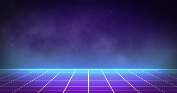Animation of neon squares and clouds over stars on black background