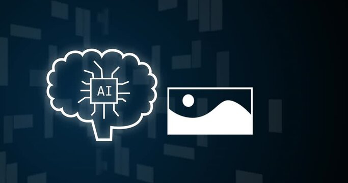 Animation of brain with ai text, images of landscape over black background