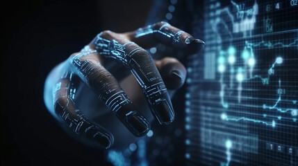 Cyborg hand on stock market background .generative ai
