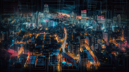 futuristic city with neon lights in the night.generative ai