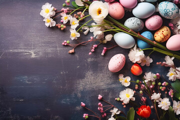 Fototapeta na wymiar Beautiful arrangement of hand painted easter eggs and flowers on a rustis background generative AI illustration