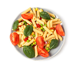 Plate with tasty pasta salad on white background