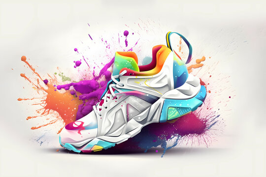 Colorful sports sneakers with color splashes background, Conceptual illustration for marathon or jogging or run festival. Isolated design element on the transparent background. Generative AI