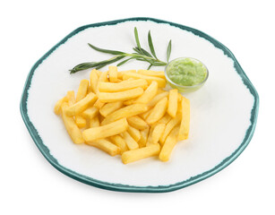 Plate with delicious french fries, avocado dip and rosemary isolated on white
