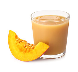 Glass with pumpkin juice and fresh vegetable on white background