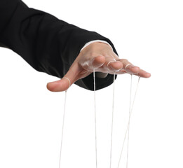 Woman pulling strings of puppet on white background, closeup