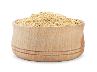 Aromatic mustard powder in wooden bowl on white background
