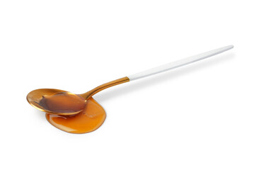 Spoon of tasty maple syrup on white background