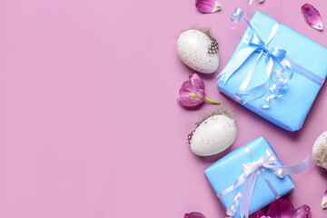 Gifts with tulips and Easter eggs on lilac background