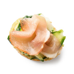 Tasty bruschetta with ham isolated on white background