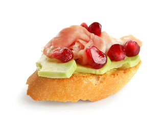 Tasty bruschetta with ham isolated on white background