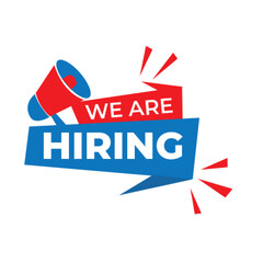Hiring recruitment open vacancy design info label template. We are hiring join to team announcement lettering in speech bubble chat box vector illustration isolated on yellow background