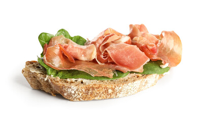 Tasty bruschetta with ham isolated on white background
