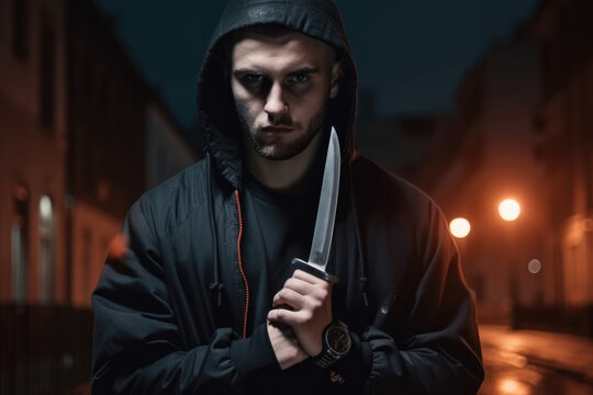 Junger Mann h&auml;lt eine Messer in der Hand - Generative AI