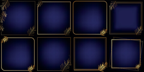 Set of golden elegant, solemn frames with floristic elements, palm leaves on a deep blue background. Suitable for label, notepad, congratulations, boutique, poster, postcard, cosmetics, textile
