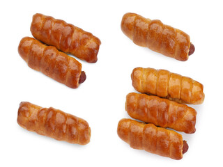 Collage of tasty sausages in dough on white background, top view