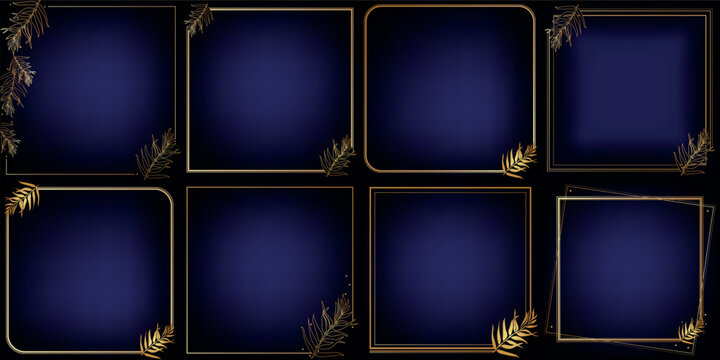 Set of golden elegant, solemn frames with floristic elements, palm leaves on a deep blue background. Suitable for label, notepad, congratulations, boutique, poster, postcard, cosmetics, textile