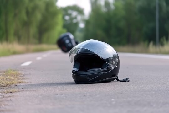 Motorradhelm liegt auf einer Stra&szlig;e nach einem Unfall - Generative AI