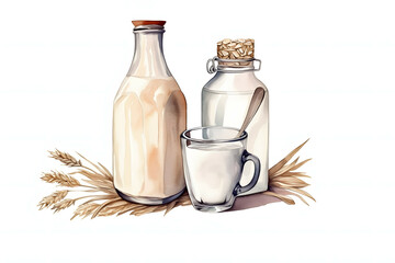Watercolor Oat Milk, Hand-Drawn Bottle and Glass Illustrations