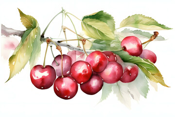 Hand drawn watercolor cherry with branches on white background