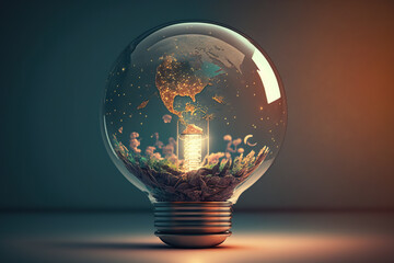 Illustration planet earth inside energy saving lamp. Green landscape inside light bulb. Mixed media. 3D realistic illustration. Based on Generative AI