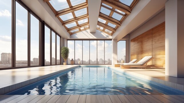 beautiful interior design indoor swimming pool with roof sky light morning sunshine blue water casual relax ambient and furniture element, image ai generate