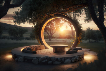 Glowing lighting circle set against an outdoor landscape. Sunset sky on clear blue sky. Realistic 3D illustration. Based on Generative AI
