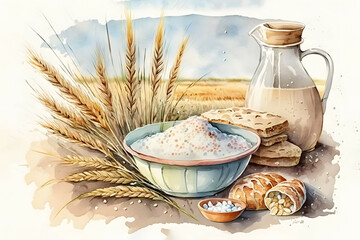 Watercolor Cooking ingredients, Bowl of flour, broken egg, ears of wheat and jug of milk isolated
