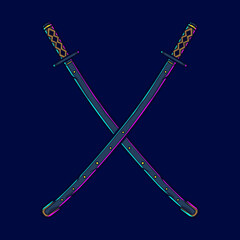 Samurai sword vector logo.  Colorful katana design with dark background. Abstract vector illustration. Isolated black background for t-shirt