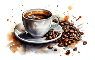 Obraz premium Watercolor Espresso Delight of a Coffee Cup and Beans Isolated on White Background, Generative AI