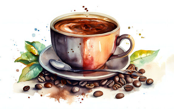 Watercolor Espresso Delight of a Coffee Cup and Beans Isolated on White Background, Generative AI