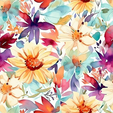 watercolor colorful flowers seamless pattern