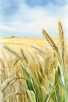 Ears of wheat and ears farms on the background of a wheat field. Watercolor hand-drawn illustration