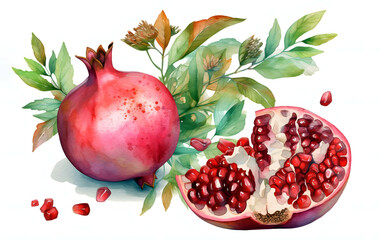 Vibrant Pomegranate Delight: Fresh Ripe Whole and Cut Pomegranate with Seeds, Flower, and Leaves - Watercolor Hand Drawn Illustration on White Background, Generative AI