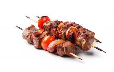 Grilled Meat Skewers and Roasted Shish Kebab with Onion and Tomatoes Isolated on White Background