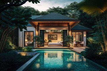 Obraz na płótnie Canvas Exterior and interior design of tropical pool villa with green garden and bedroom, generative AI