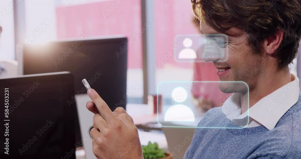 Poster animation of icons and data processing over caucasian businessman in office