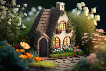 Tiny cute miniature house in a garden full of flowers., generative AI