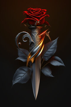 A dagger and a red rose against a black background.  Generative AI.