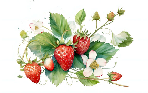 Hand drawn illustration of strawberry with branches, strawberry vines plant isolated on white background