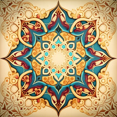 A colorful and intricate arabic pattern design with a blue and tan background. The design is a circle with a flower in the center