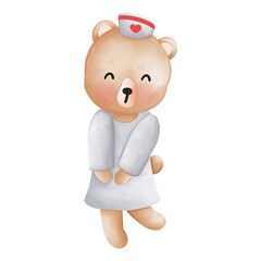 watercolor Cute cartoon mama bear nurse, Mother bear animal concept