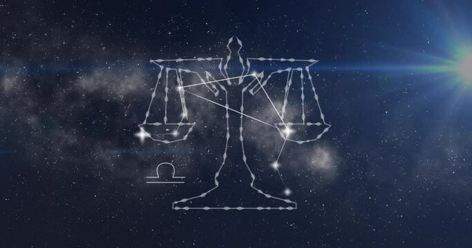 Animation of libra star sign on clouds of smoke in background