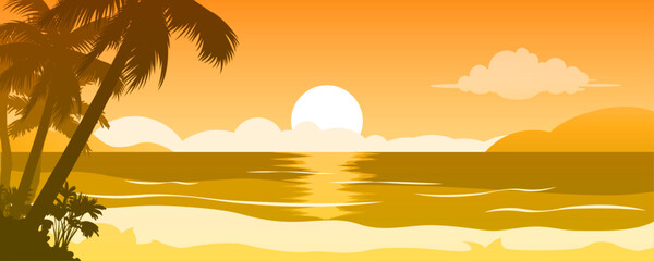Golden hour sunset scenery on a tropical sandy beach view  with calm sea water bright sun in the middle and palm trees to the left side - Exotic summer vacation spot, travel destination illustration
