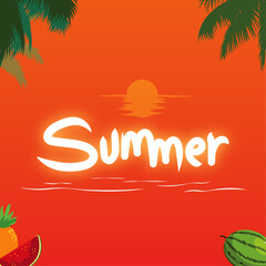 Summer vacation season background illustration, tropical orange theme party poster design layout concept, glowing white handwritten text