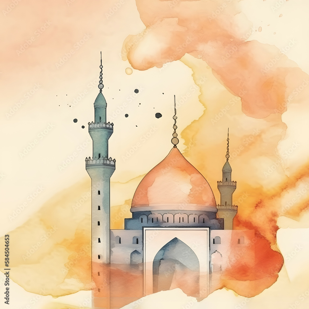 Wall mural a watercolor painting of a mosque with a red dome. the painting is done in a soft, pastel color pale