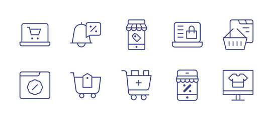 E-commerce line icon set. Editable stroke. Vector illustration. Containing online shopping, notification, shopping, black friday, shopping cart, add to cart.